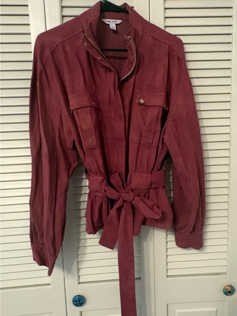 Nine West Women's Burgundy Utility Belted Jacket - Small Stain on Pocket